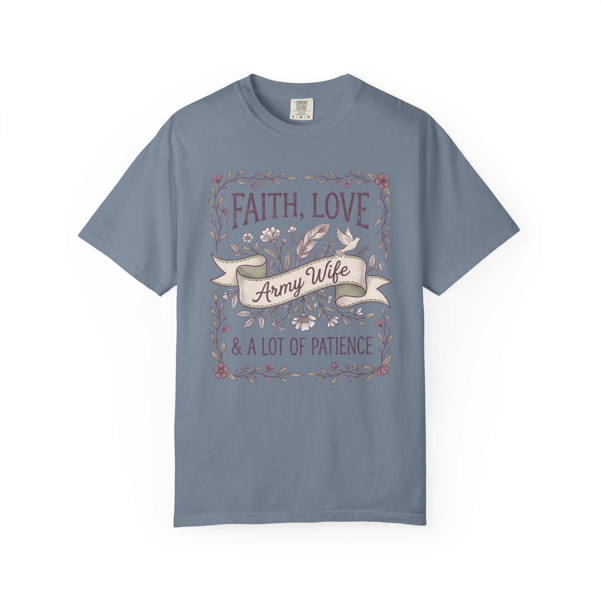 Slate blue crewneck T-shirt with floral "Faith Love & A Lot of Patience" print