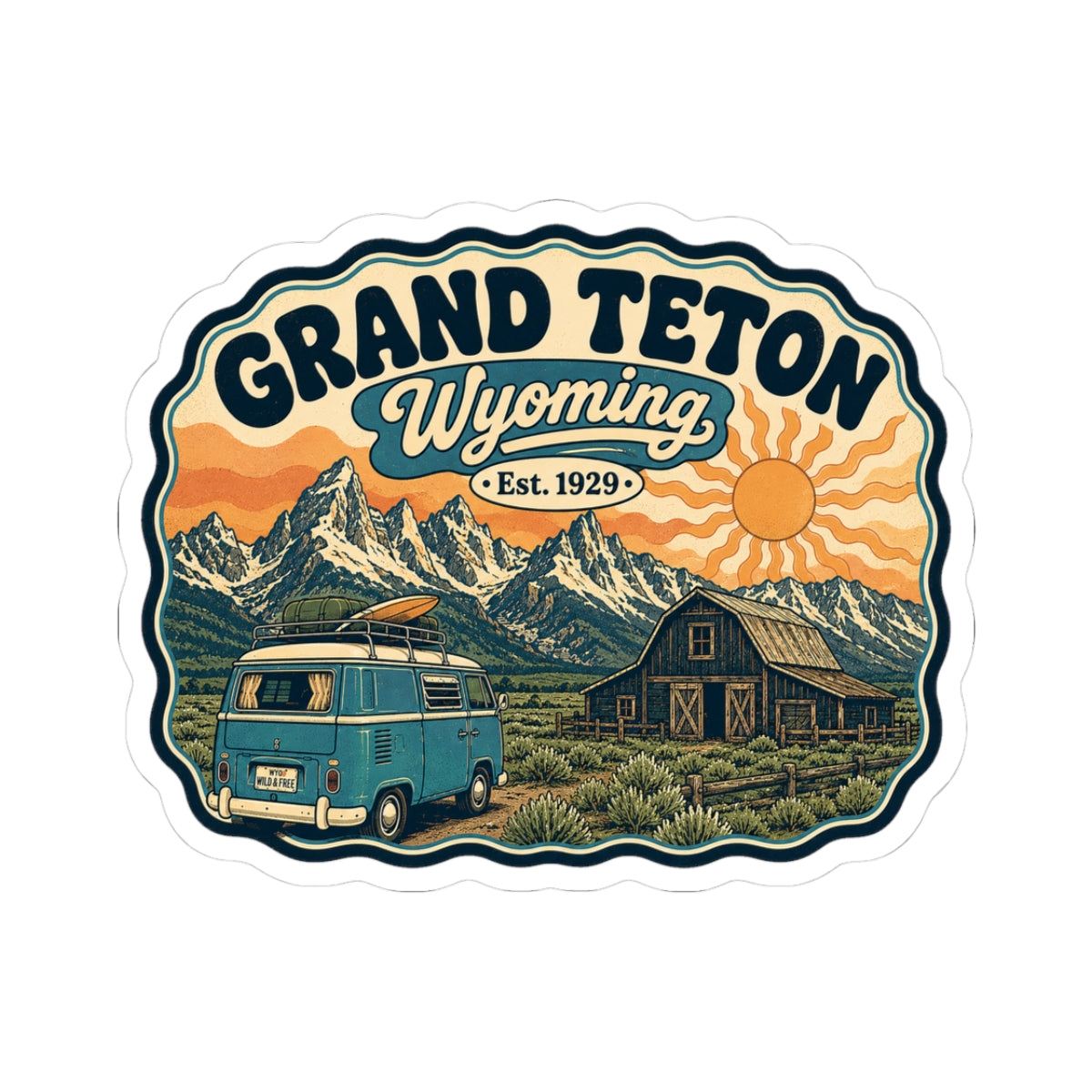 Landscape Grand Teton Wyoming sticker with vintage teal camper van, ranch building, and orange sun