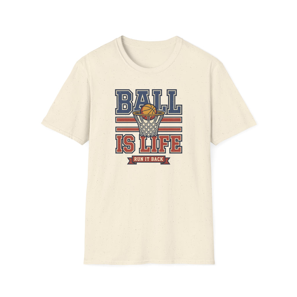 Cream basketball T-shirt with hoop graphic and stacked lettering