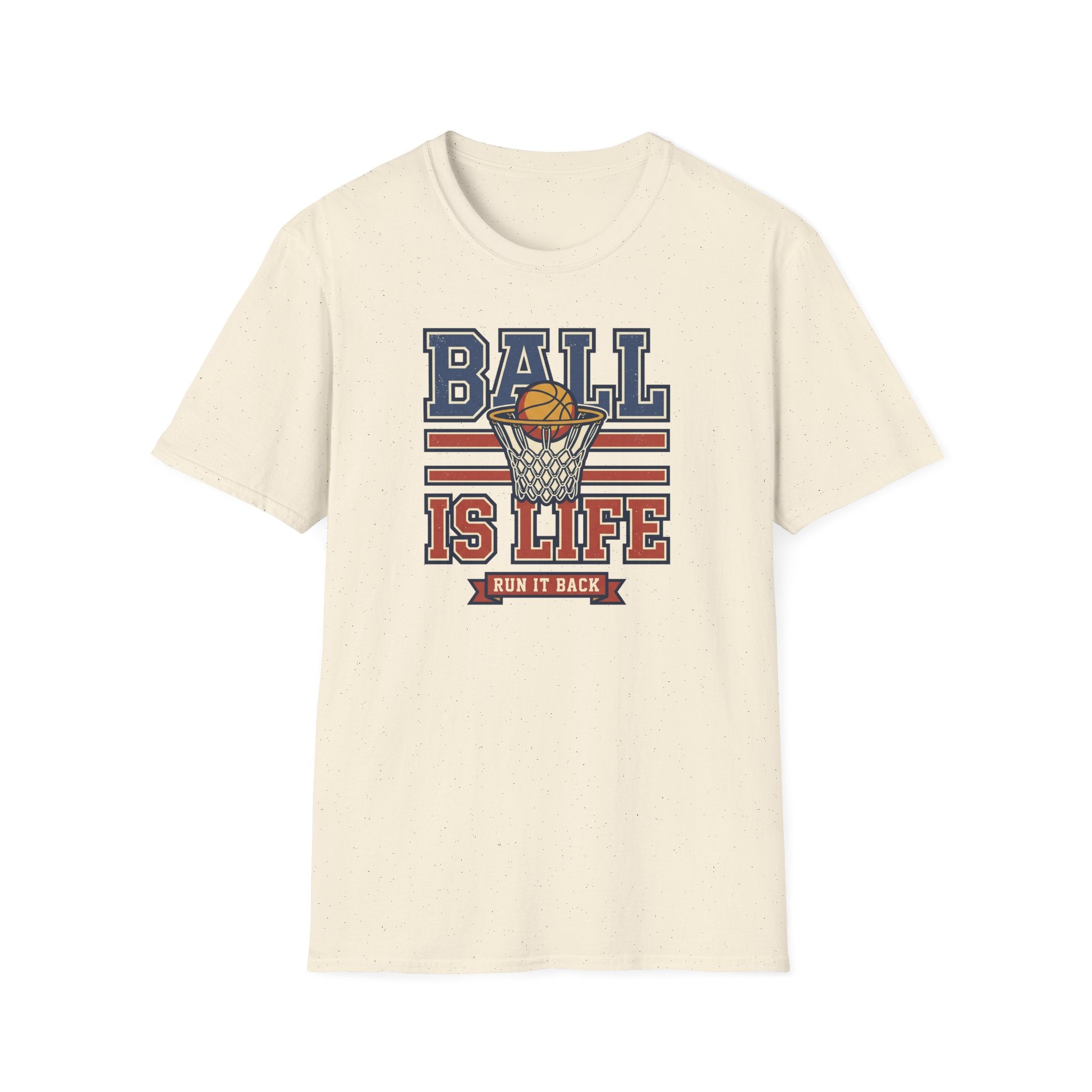 Cream basketball T-shirt with hoop graphic and stacked lettering
