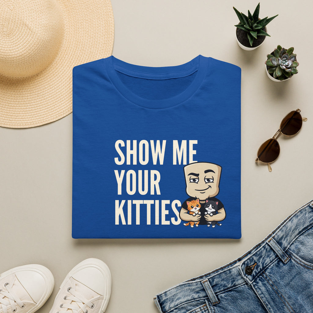 Royal blue graphic t-shirt with text 'SHOW ME YOUR KITTIES' and cat illustration