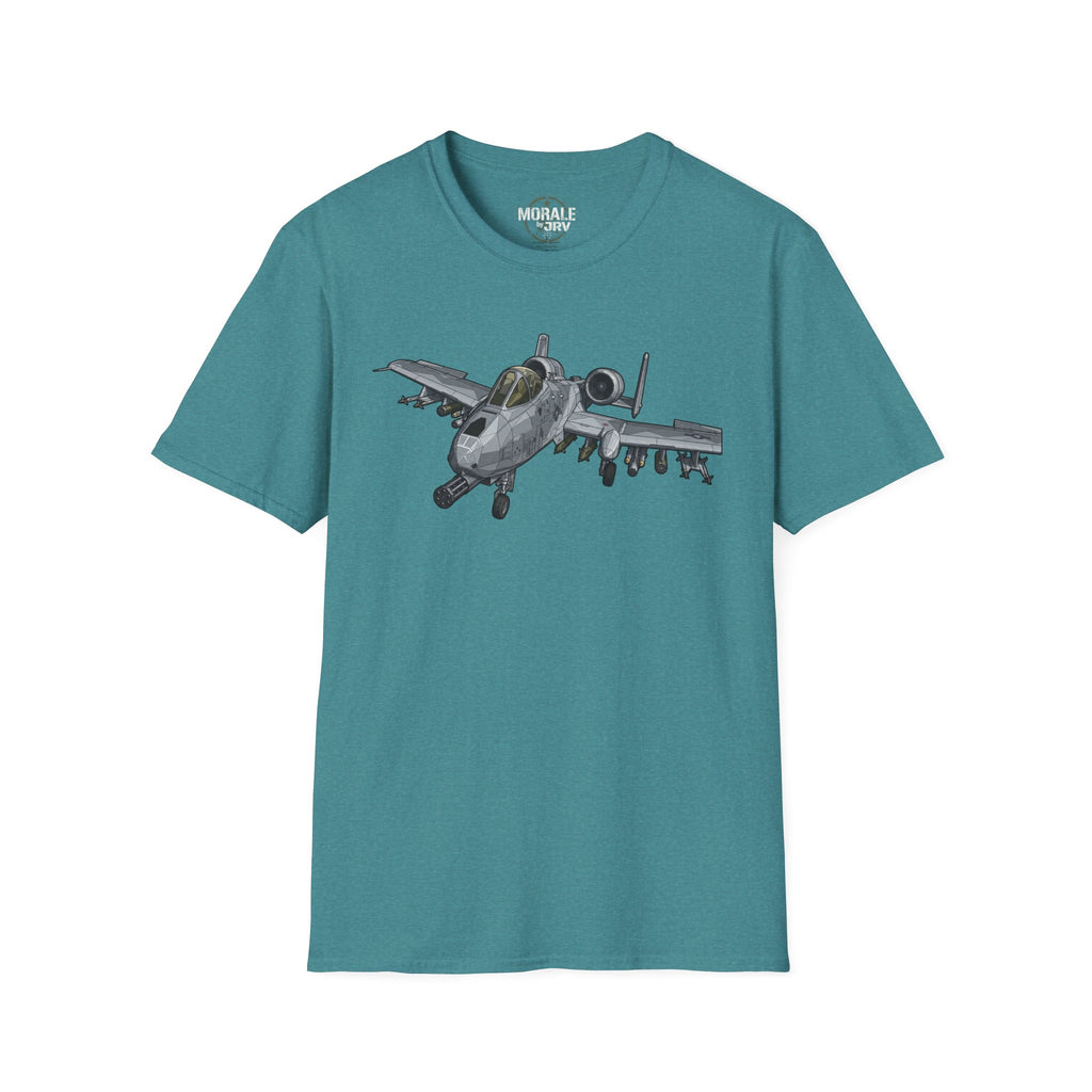 A-10 Warthog graphic T-shirt in teal, aircraft print on front