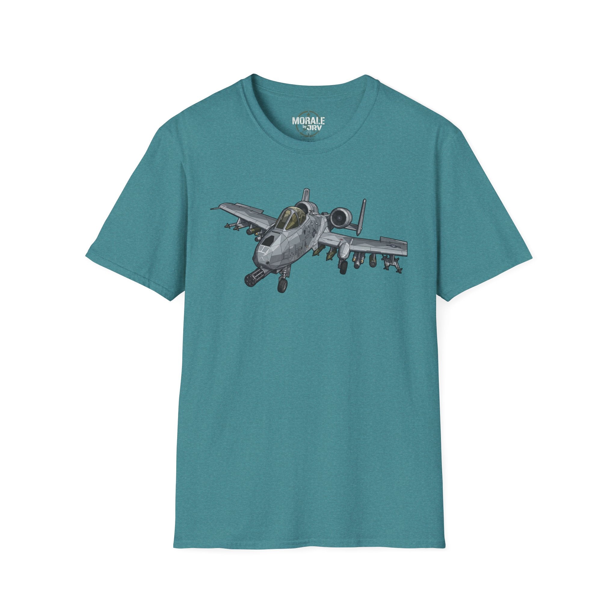 A-10 Warthog graphic T-shirt in teal, aircraft print on front