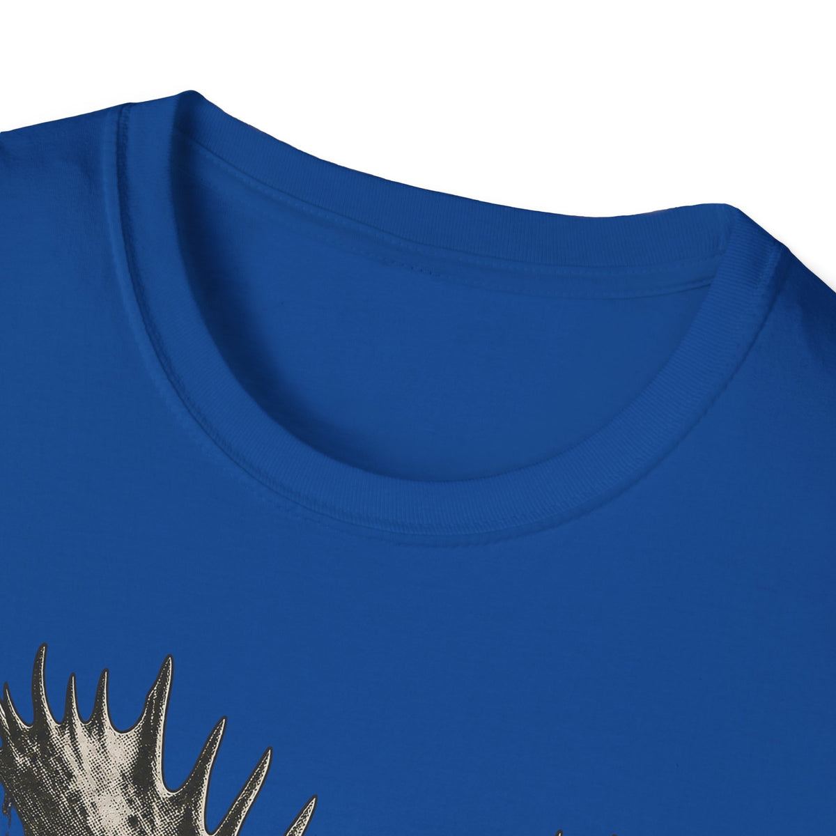 Royal blue crewneck t-shirt neckline with partial moose antler graphic