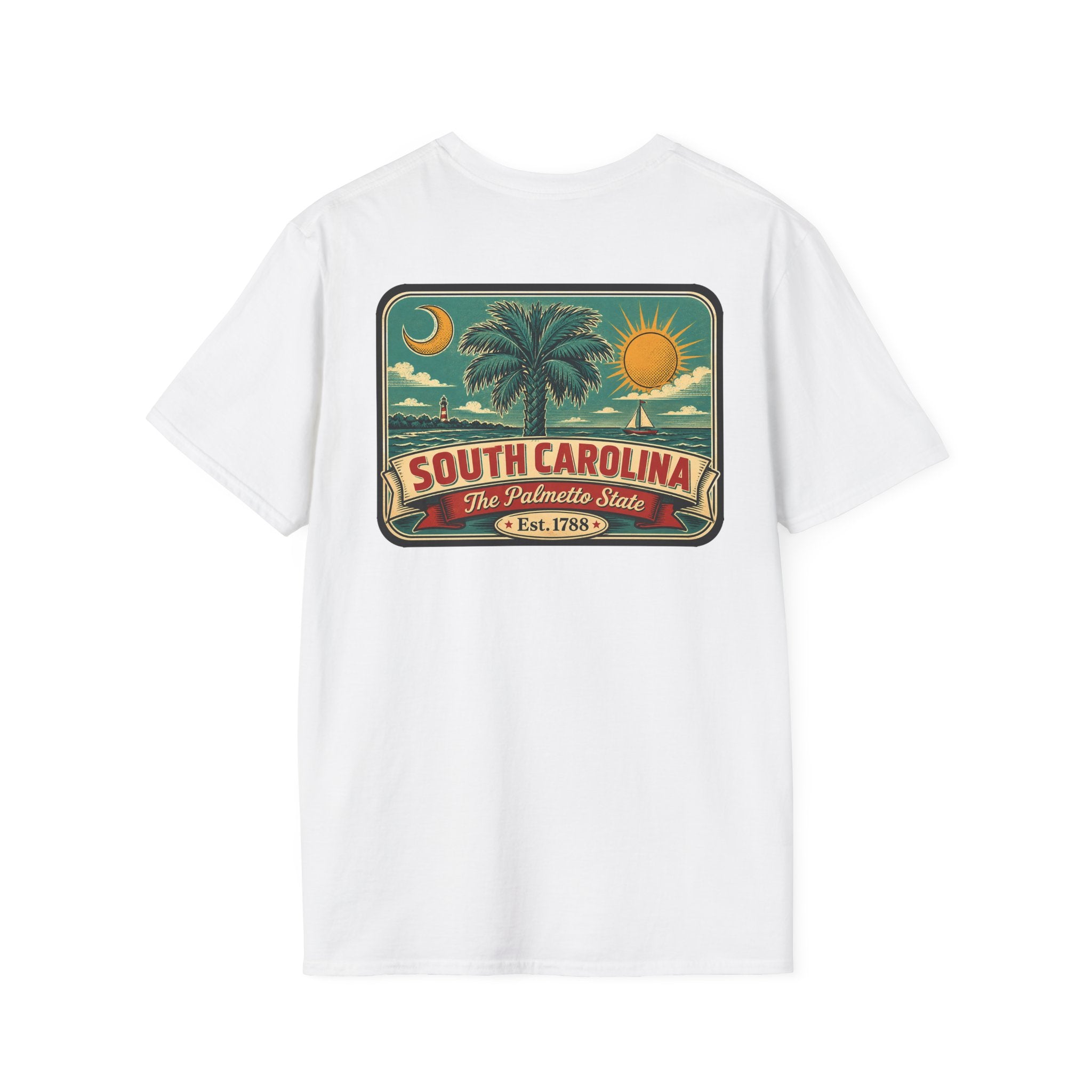 White T-shirt with South Carolina palm graphic patch and Est. 1788 text