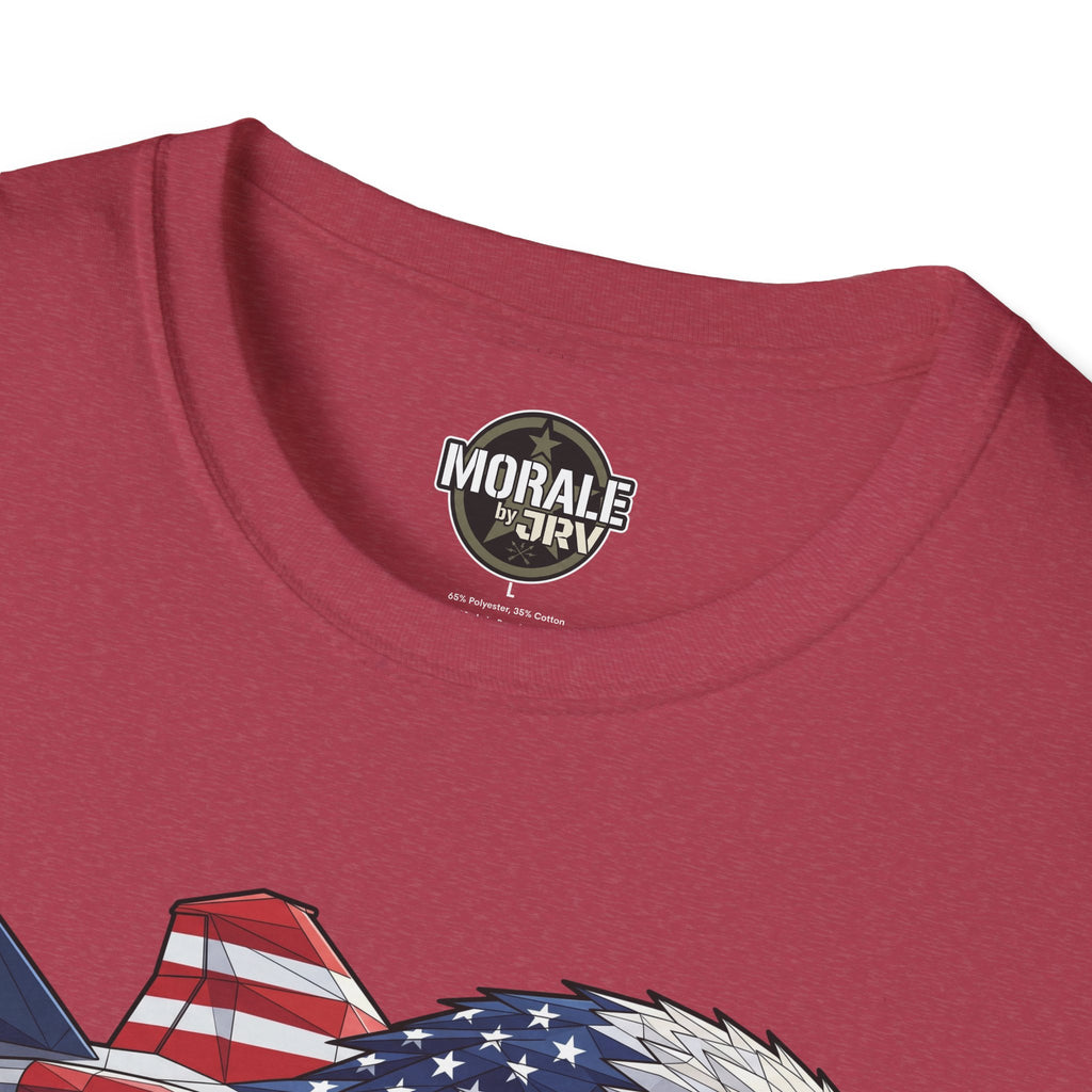Maroon T-shirt with small neck logo and partial American flag eagle graphic