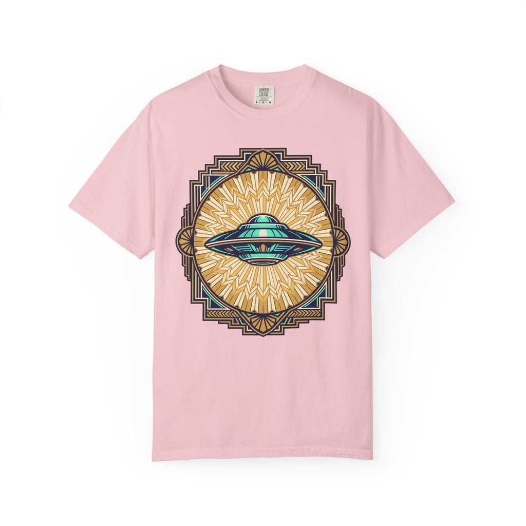 Light pink t-shirt with retro flying saucer sunburst graphic