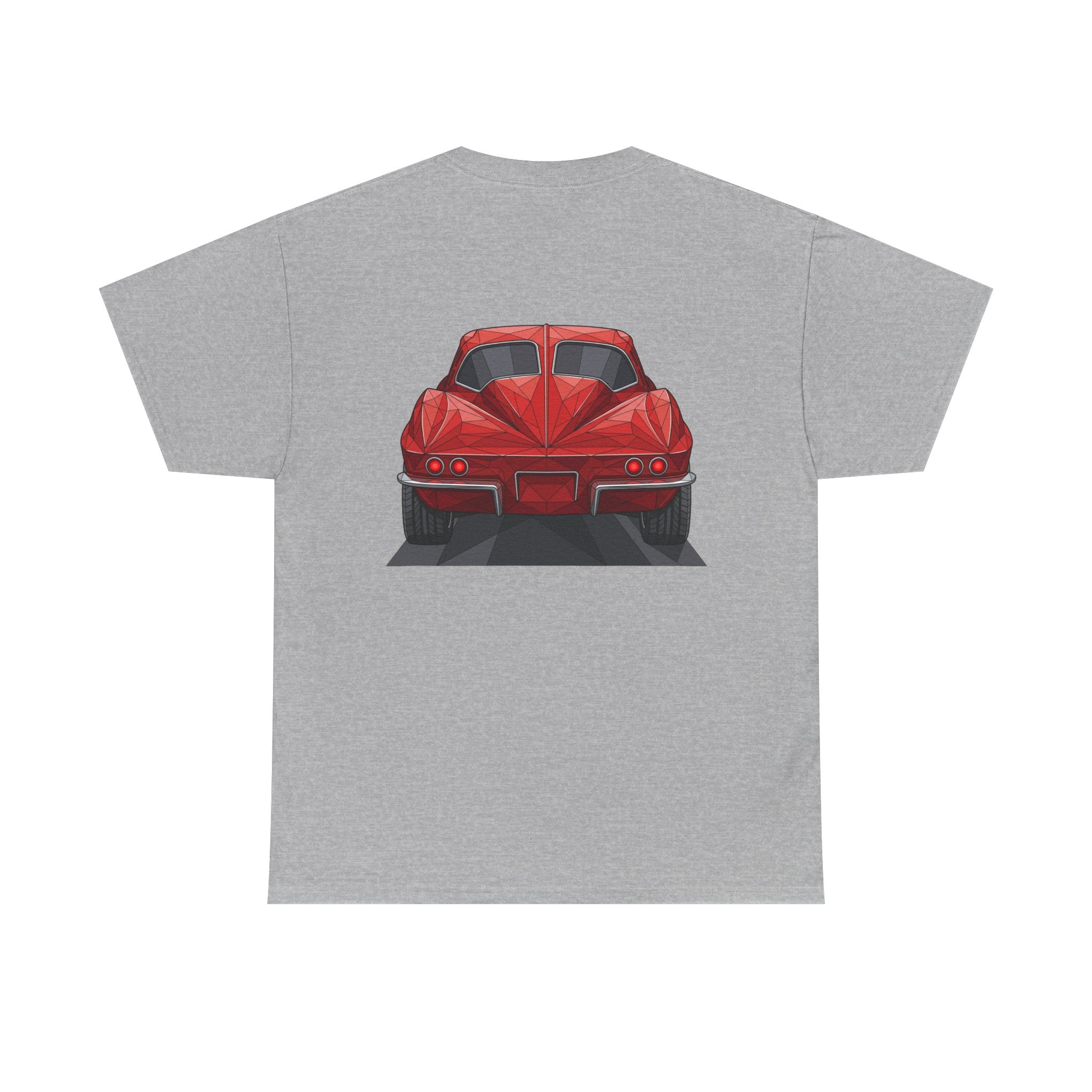 Light gray crew-neck T-shirt with centered red sports coupe graphic