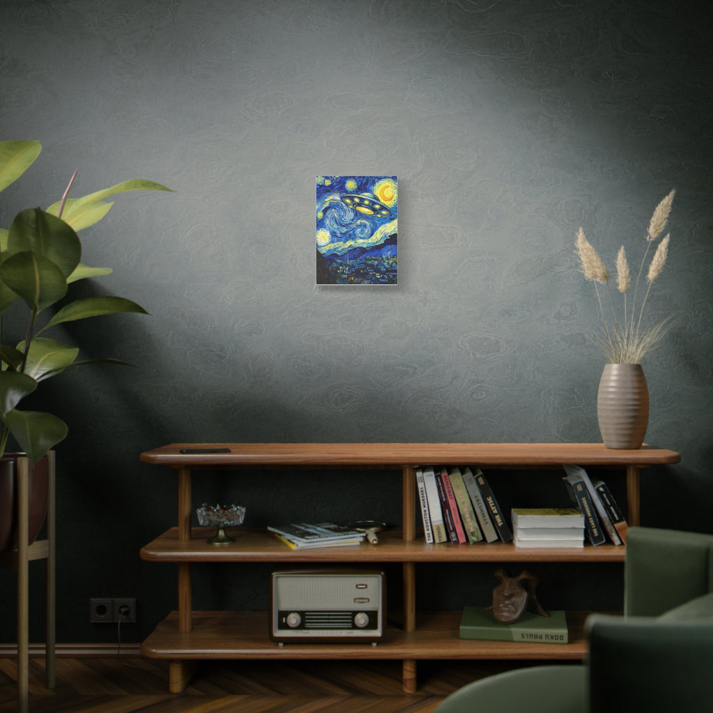 Starry blue UFO artwork on matte stretched canvas, mounted above bookshelf