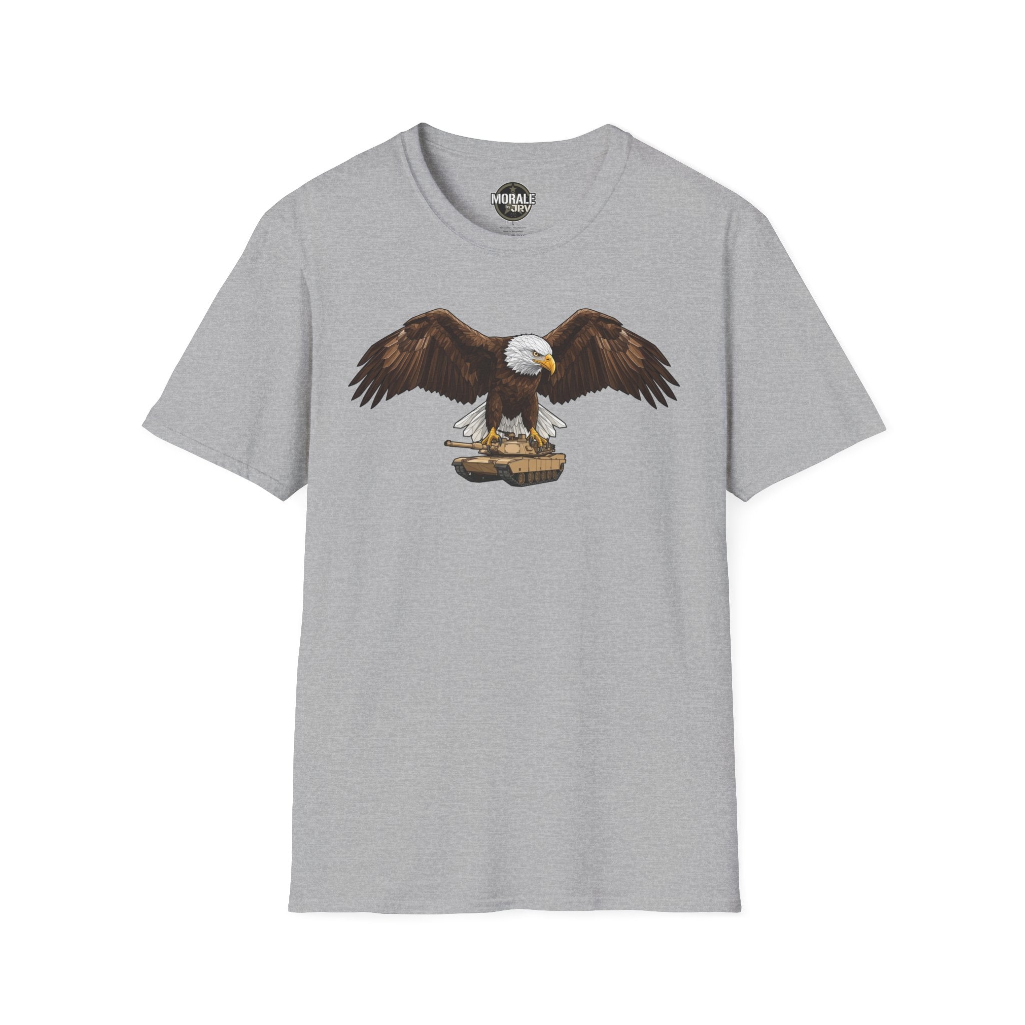 Camiseta gris clara con águila calva de alas abiertas y gráfico patriótico frontal