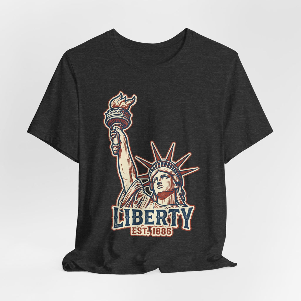 Dark grey crewneck tee with Liberty graphic and EST. 1886 text centered.