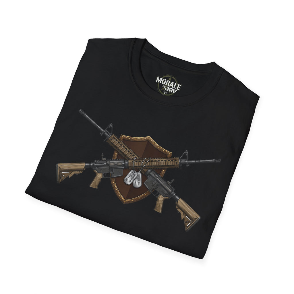Black t-shirt with large tactical rifle graphic across the front