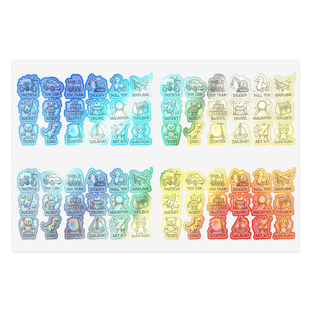 Holographic toy icon sticker sheet, die-cut rainbow labels for vehicles and animals