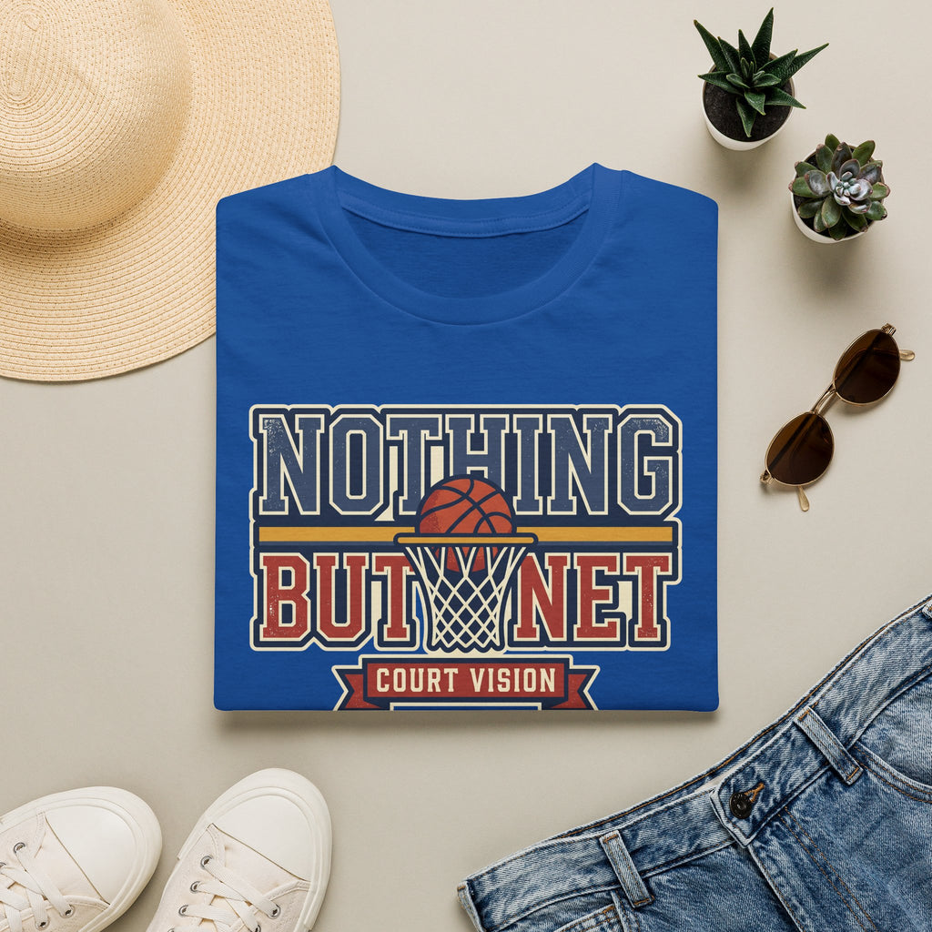 Royal blue basketball T-shirt with “Nothing But Net” court vision graphic on front.