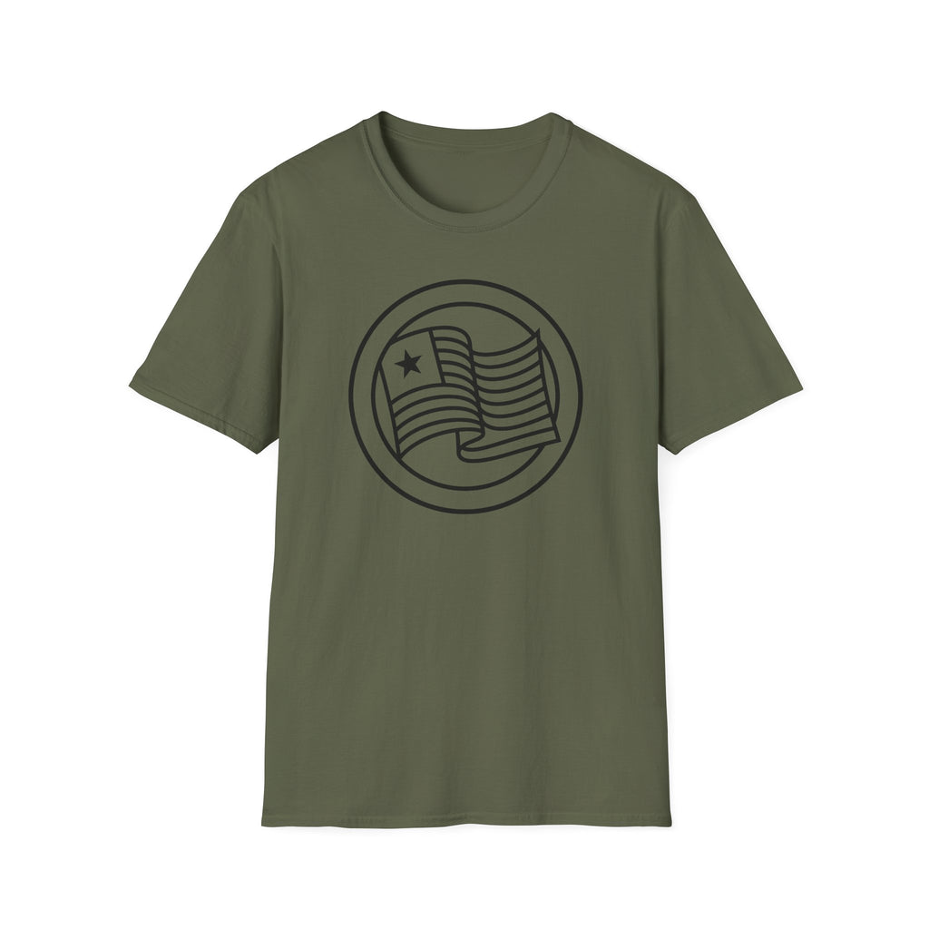 Olive green t-shirt with round flag graphic printed on the front
