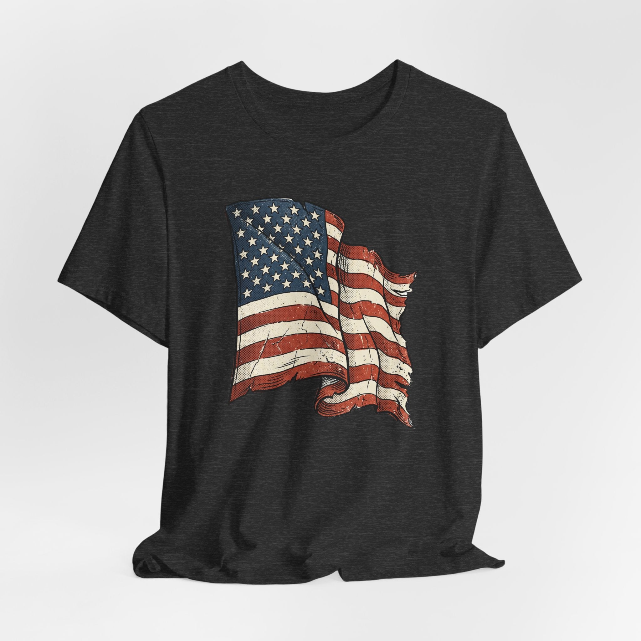 Dark heather short-sleeve T-shirt with waving American flag graphic