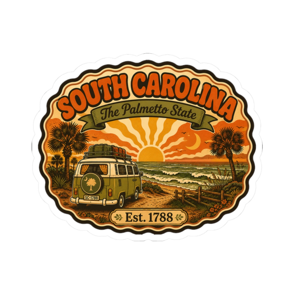 Round South Carolina sticker featuring a vintage camper, palms, sunset sky, Est. 1788.