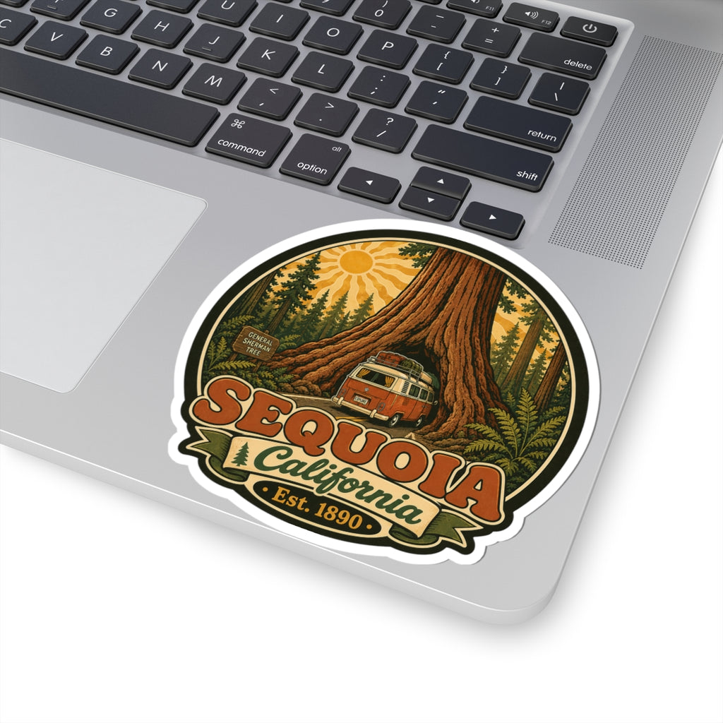 Round sticker with sequoia tree, camper van, and Sequoia California text with Est. 1890.
