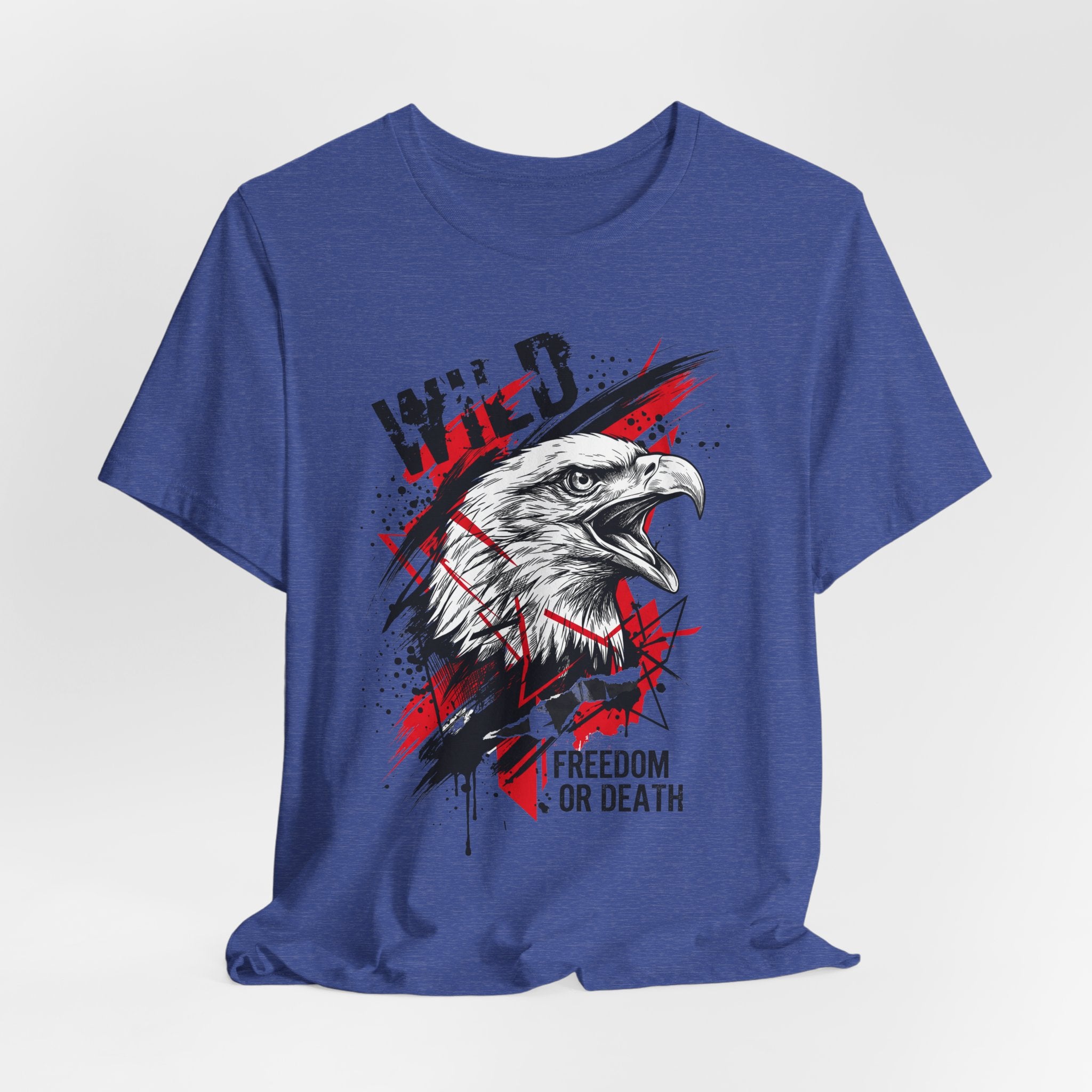 Royal blue T-shirt with eagle head graphic and "Freedom or Death" wording at chest