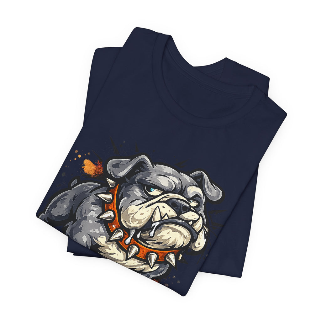 Navy unisex crewneck tee with snarling bulldog graphic