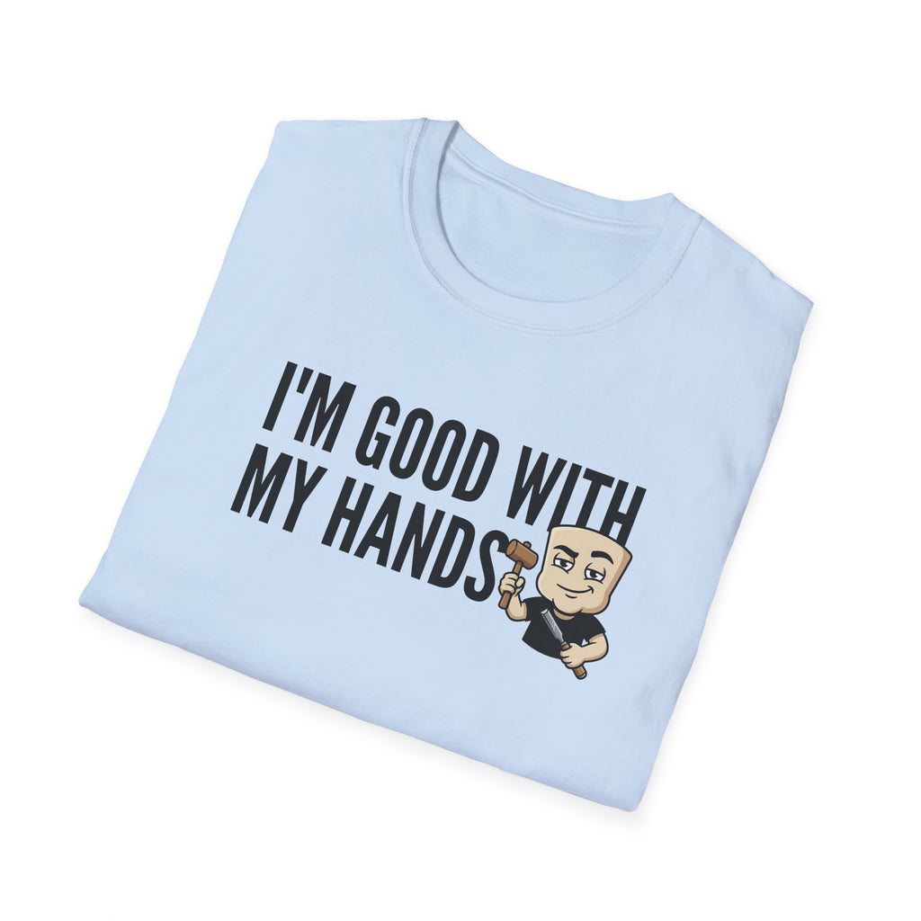 Light blue T-shirt with crew neck and I'M GOOD WITH MY HANDS print graphic