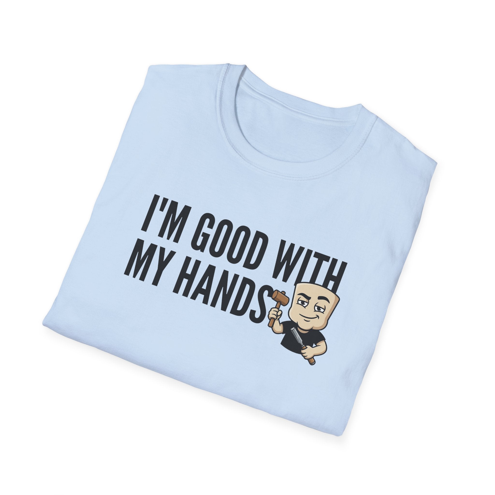 Light blue T-shirt with crew neck and I'M GOOD WITH MY HANDS print graphic