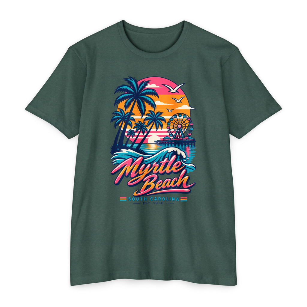 Heather forest green retro sunset T-shirt with palm trees, ferris wheel, and “Myrtle Beach” print