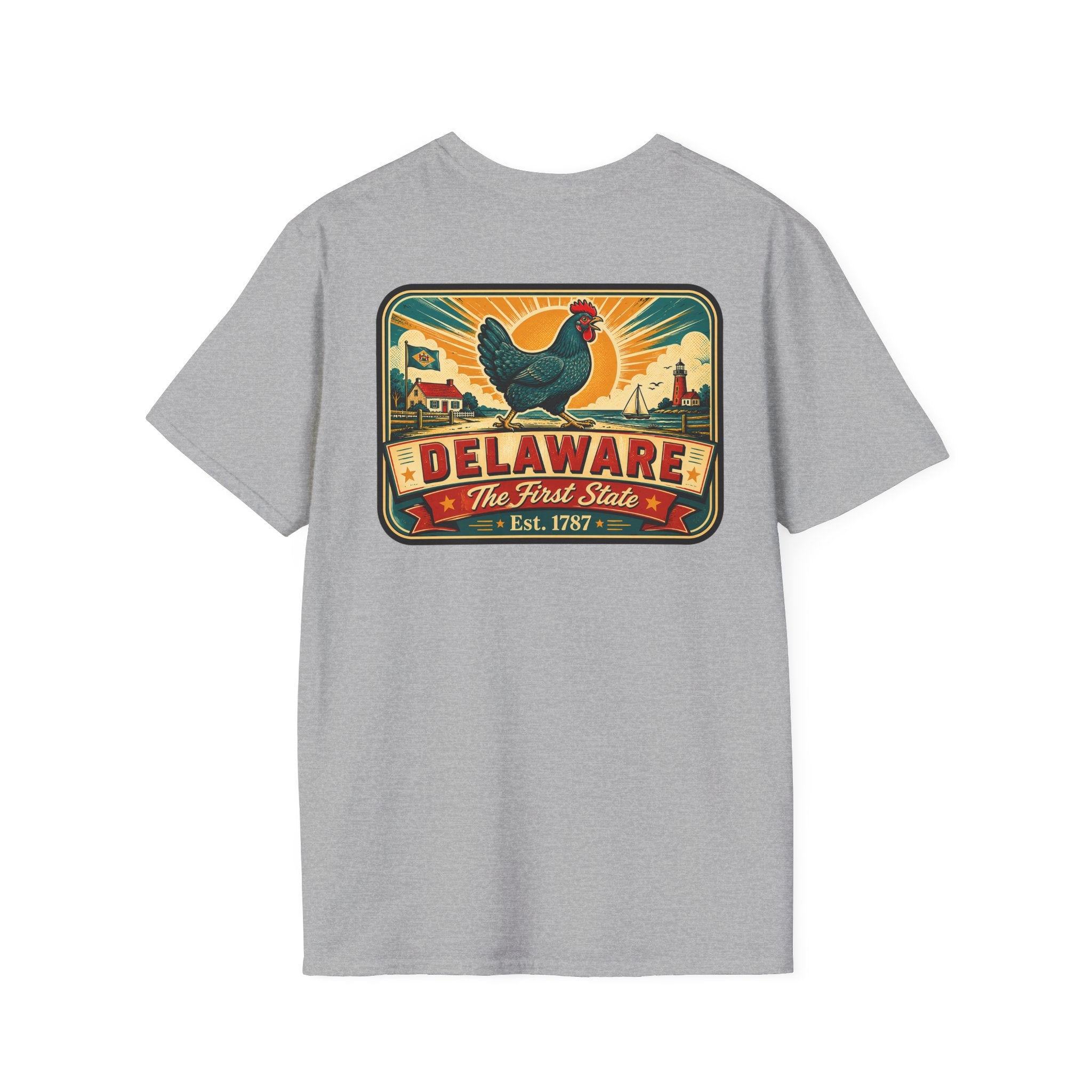 Light gray Delaware travel badge T-shirt with colorful hen and “Delaware” front graphic