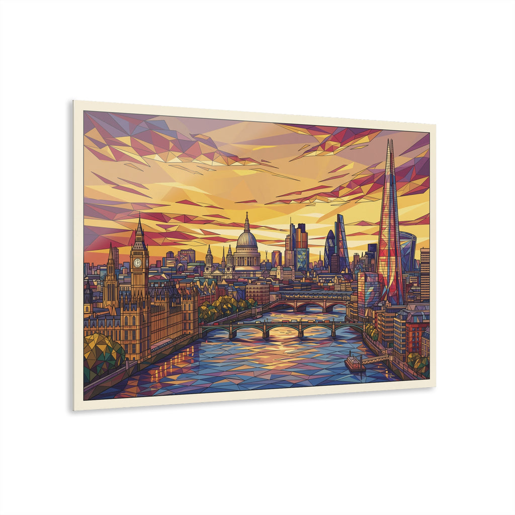 Low-poly London acrylic glass wall art with sunset city skyline and tall towers