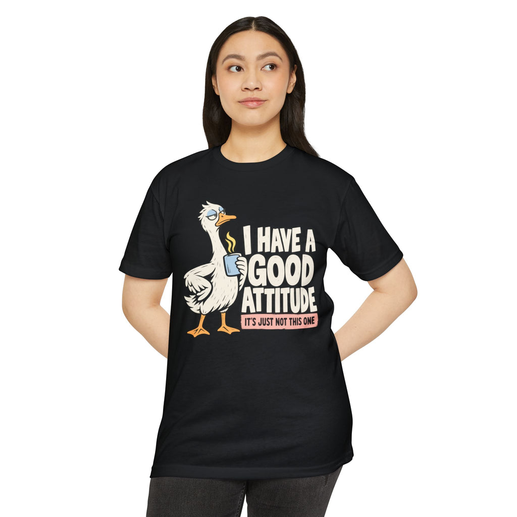 Black graphic t-shirt with white goose and orange attitude slogan on front