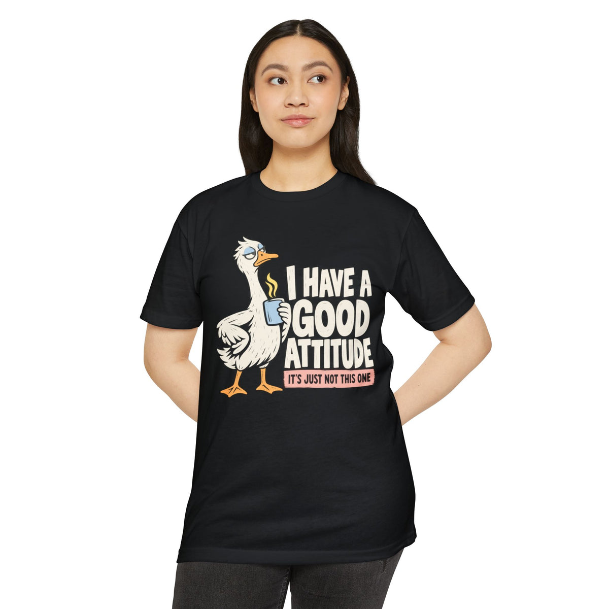 Black graphic t-shirt with white goose and orange attitude slogan on front