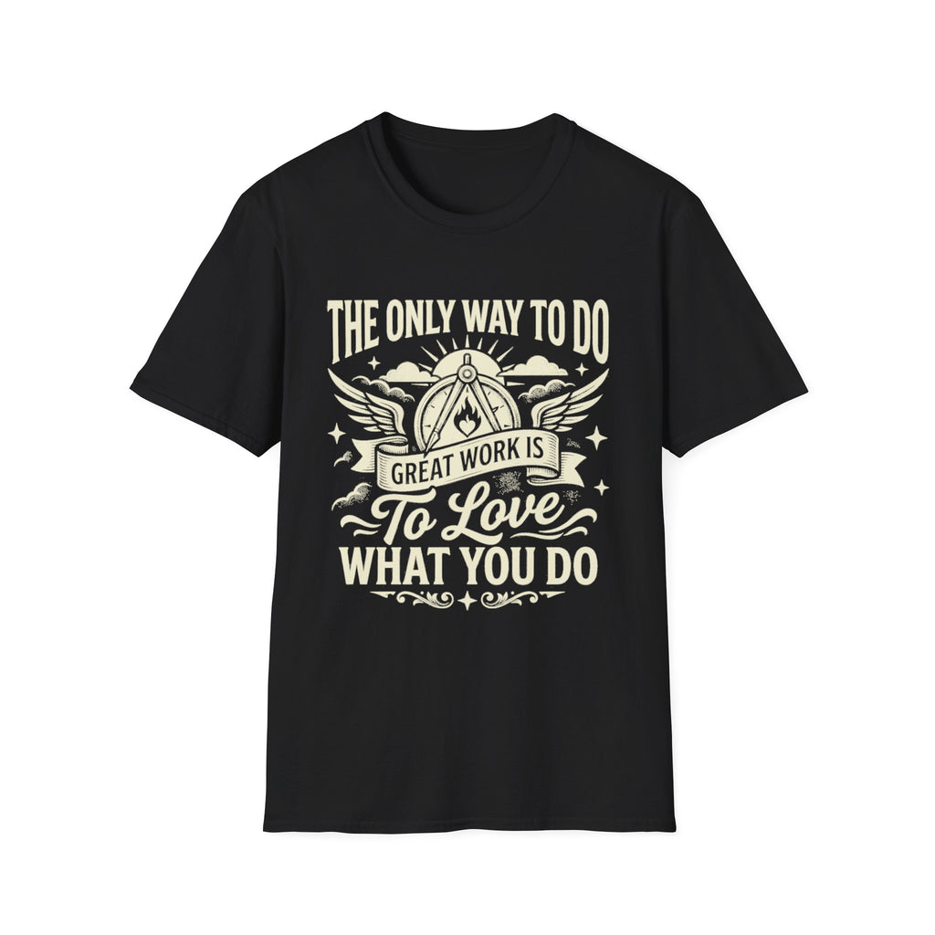 Black T-shirt with “To love what you do” quote and winged emblem