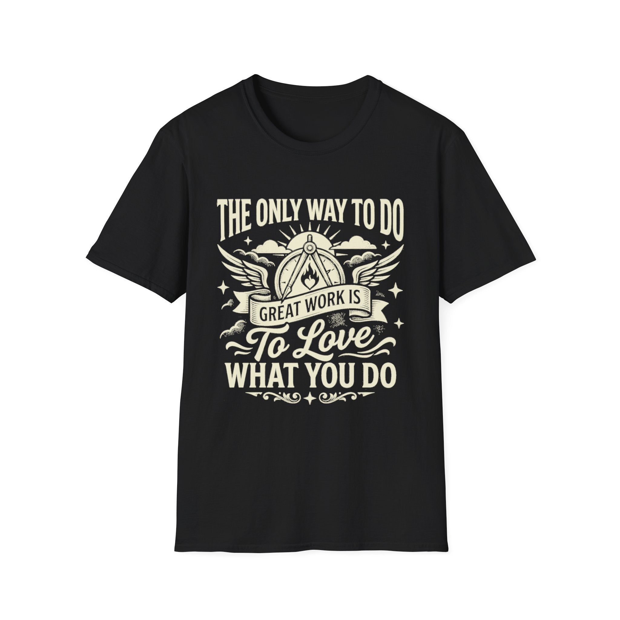 Black T-shirt with “To love what you do” quote and winged emblem