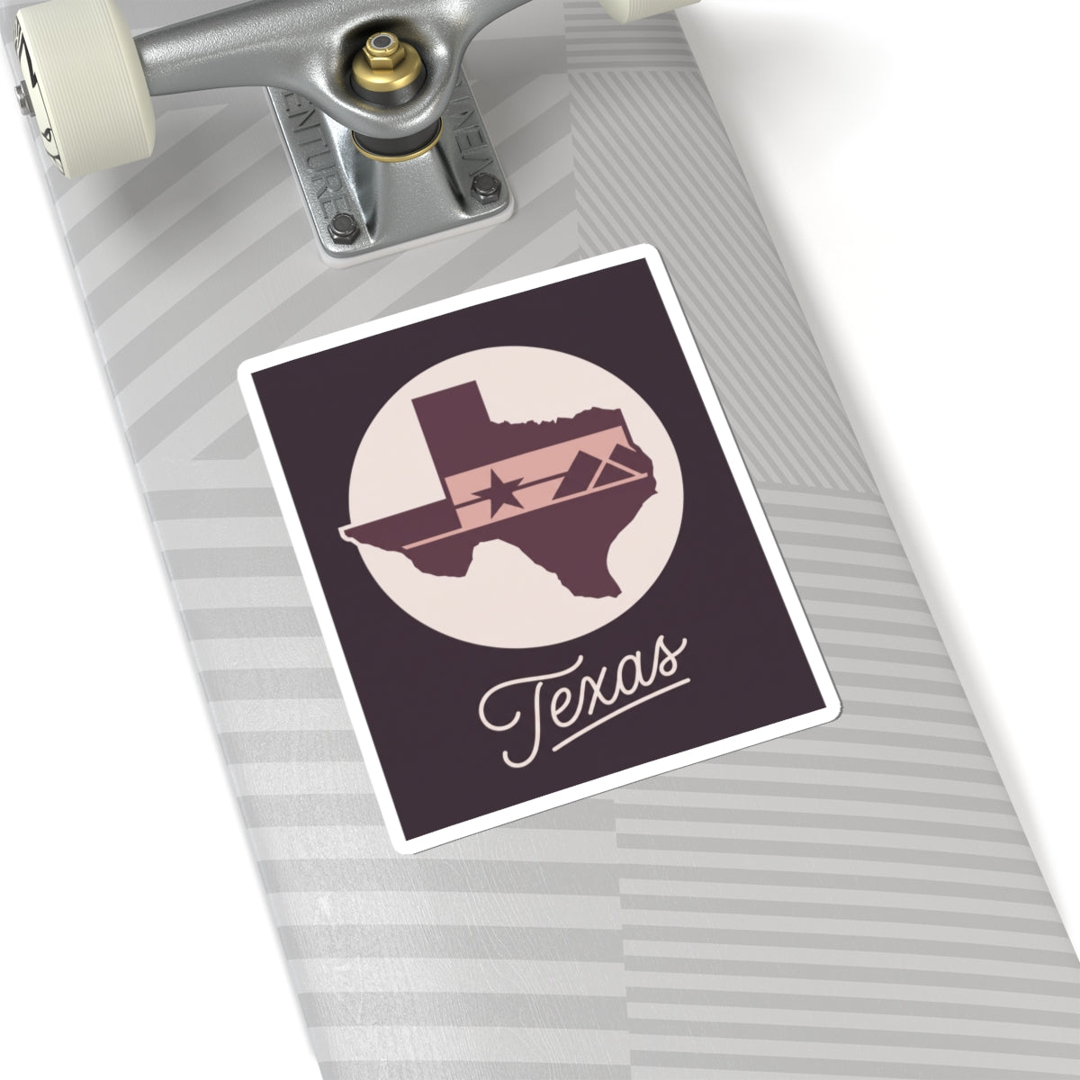 Texas map silhouette decal with star banner, circular emblem, and cursive "Texas" in square