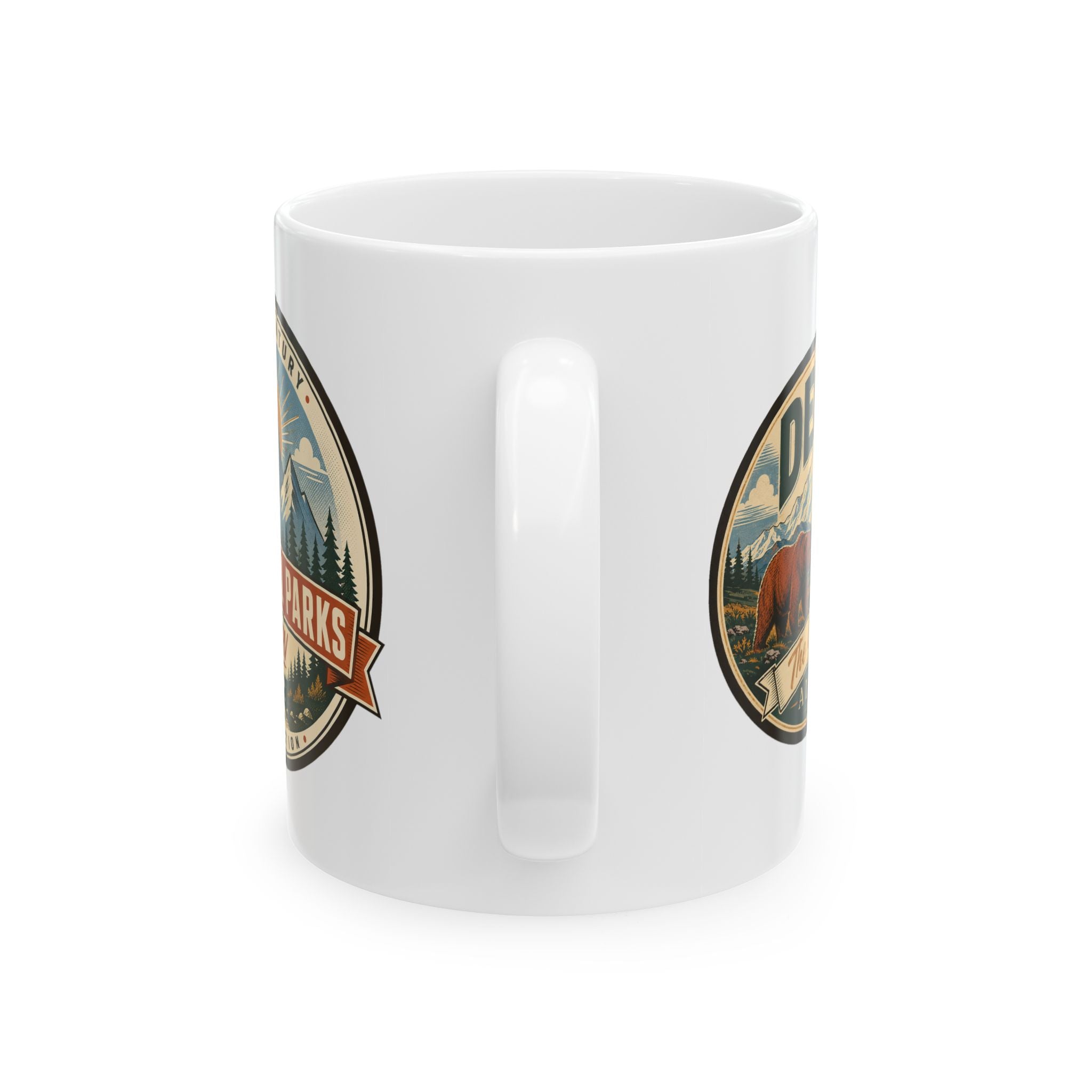 White ceramic mug with vertical handle cutout and two side badge graphics