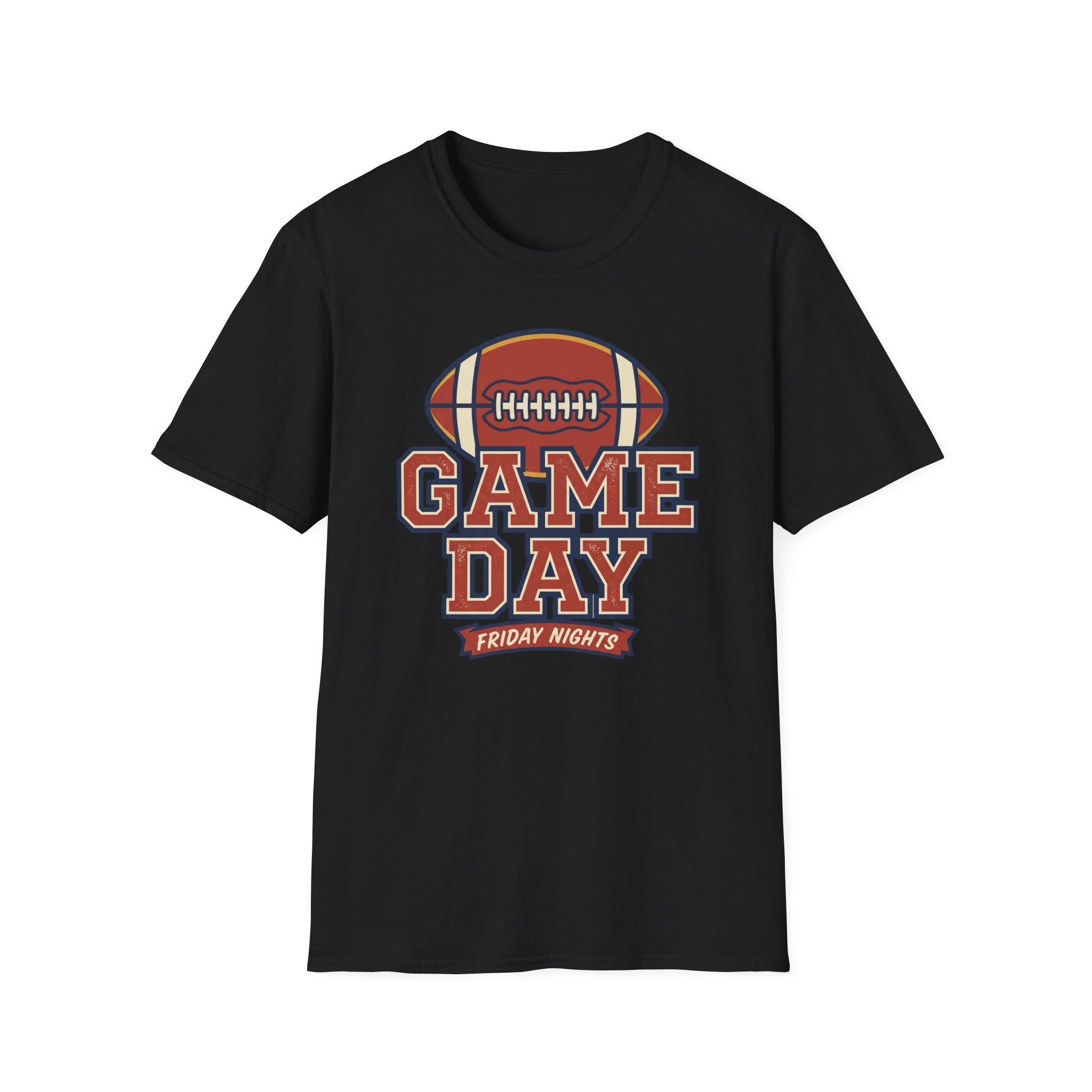 Black crewneck T-shirt with “GAME DAY” football graphic on the chest