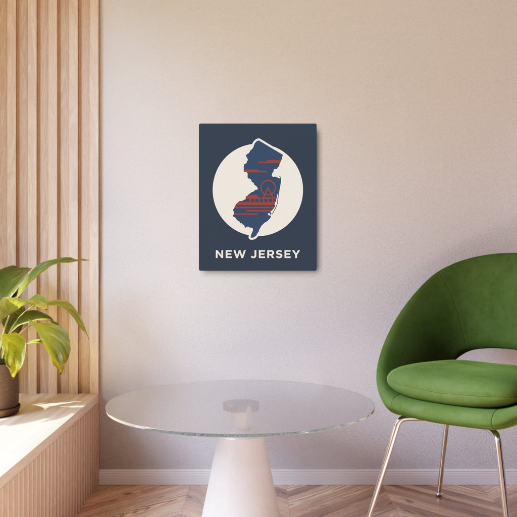 Metal New Jersey wall sign, dark blue square with state map graphic in white circle and “NEW JERSEY”