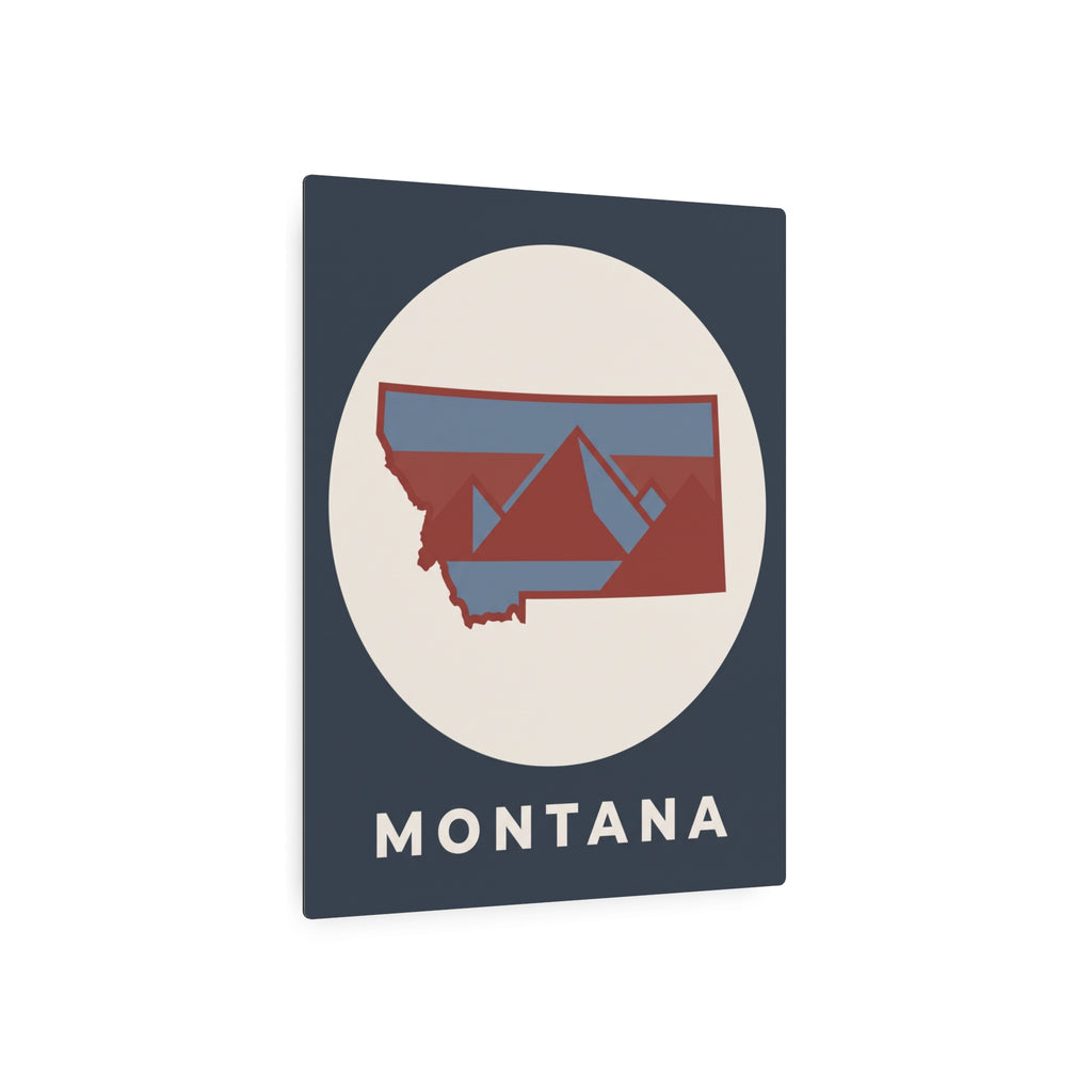 Montana metal art sign, dark blue square with circular Montana map and white MONTANA text.