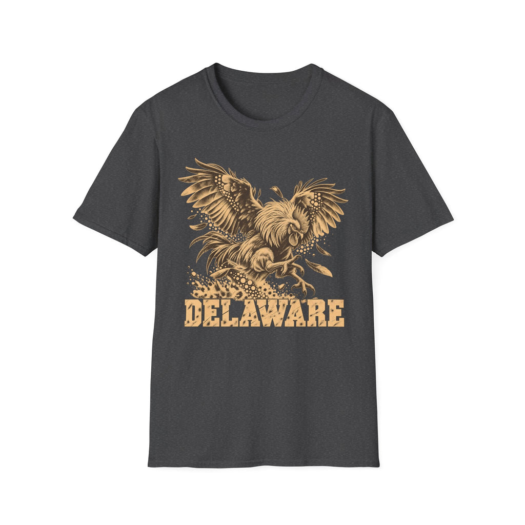 Dark gray t-shirt with golden soaring eagle and DELAWARE front graphic
