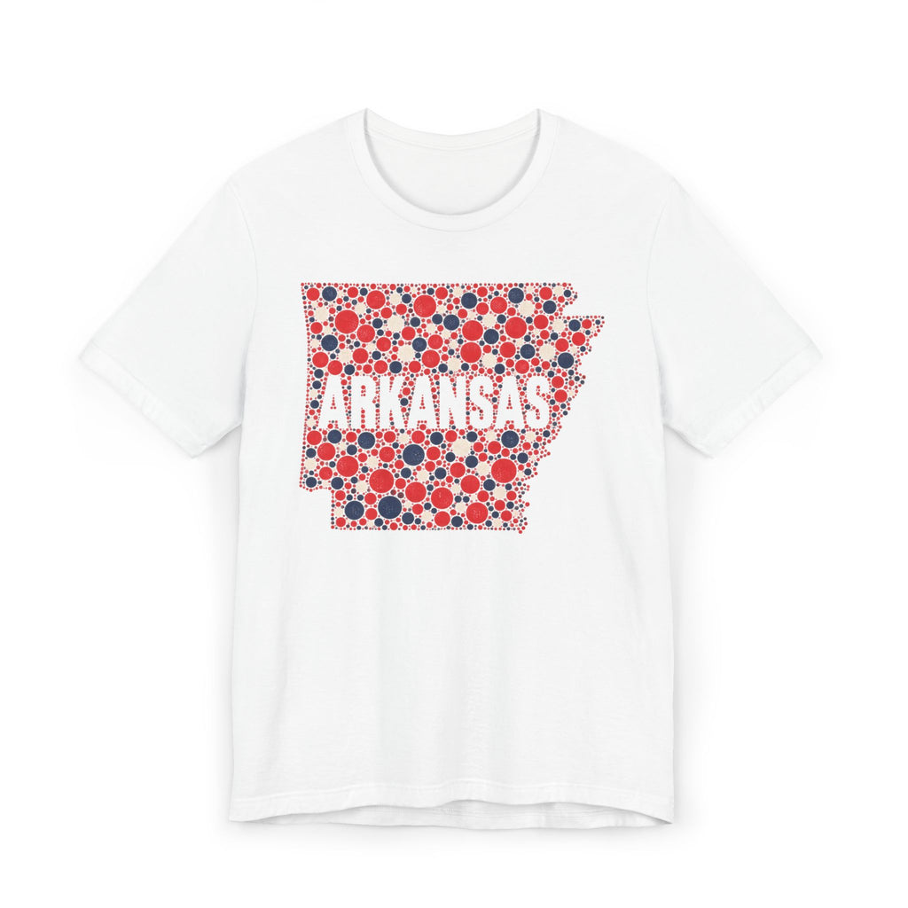 White T-shirt with Arkansas outline graphic in red, white, and blue dot pattern