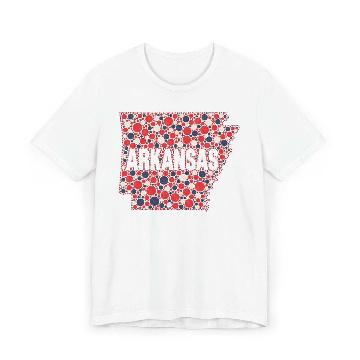 White T-shirt with Arkansas outline graphic in red, white, and blue dot pattern