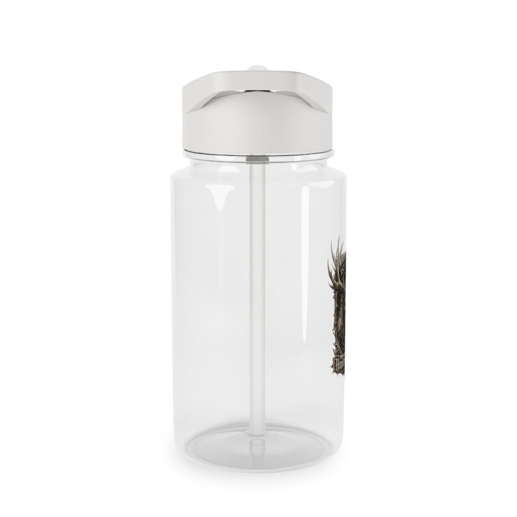 Transparent plastic water bottle with silver flip-top cap and side logo detail
