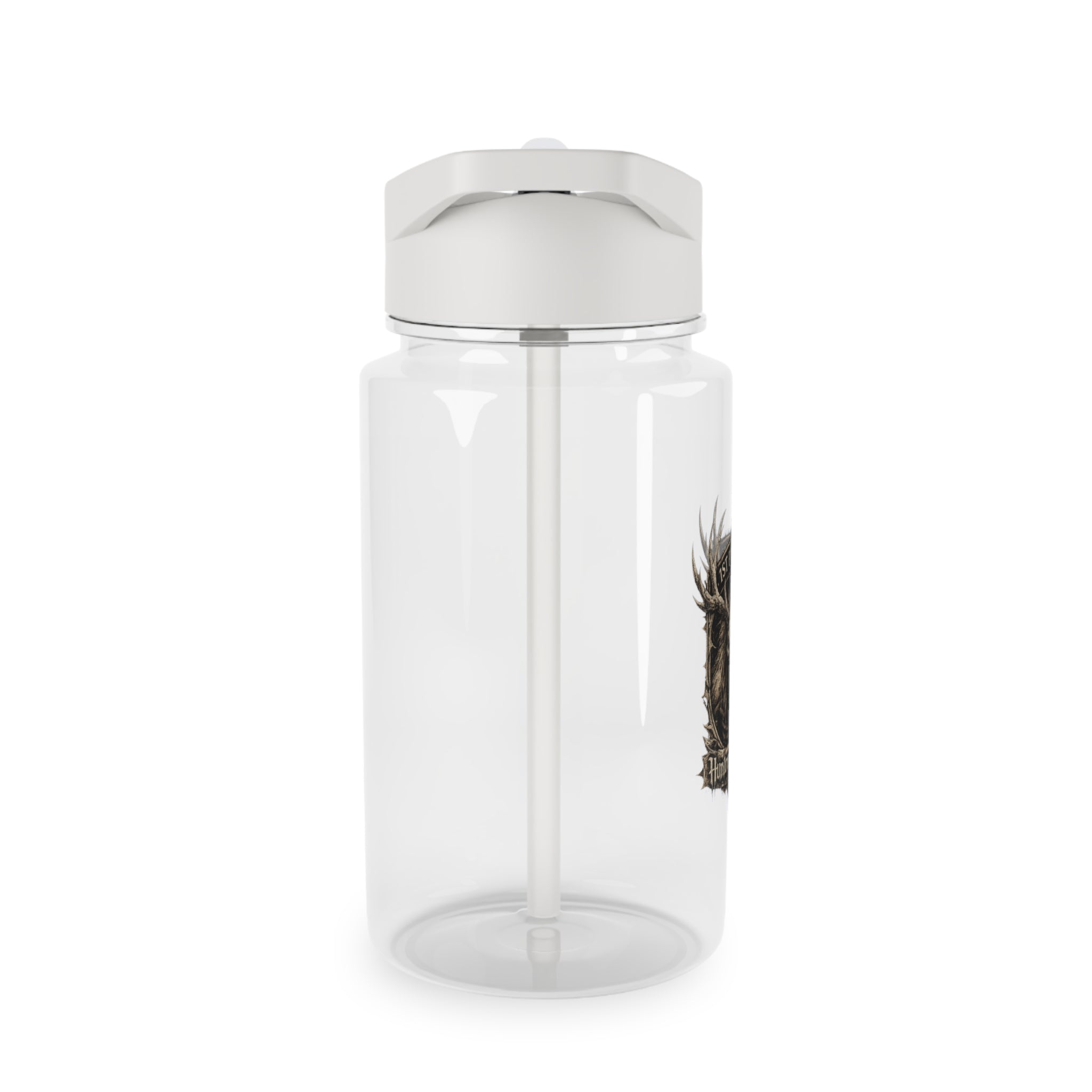 Transparent plastic water bottle with silver flip-top cap and side logo detail