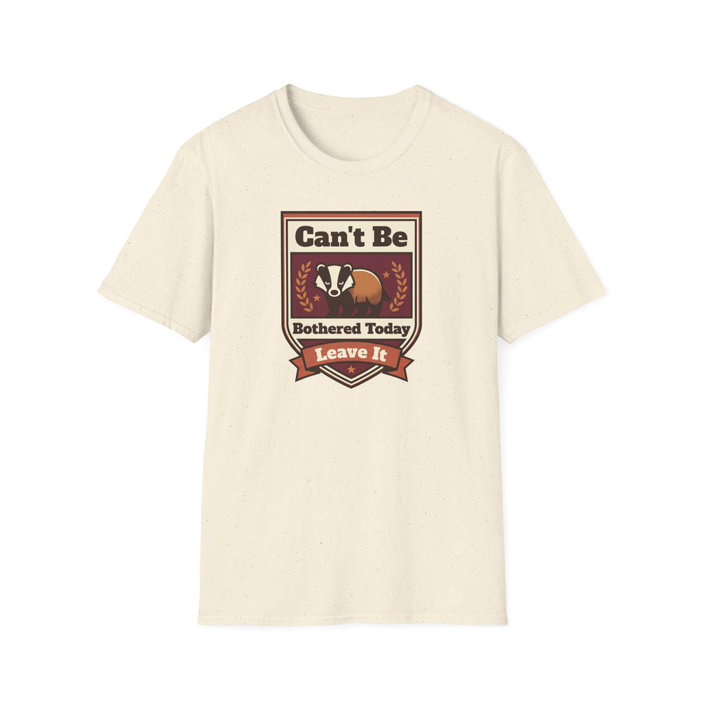 Badger graphic t-shirt, cream crewneck with retro badge and Can't Be Bothered Today text