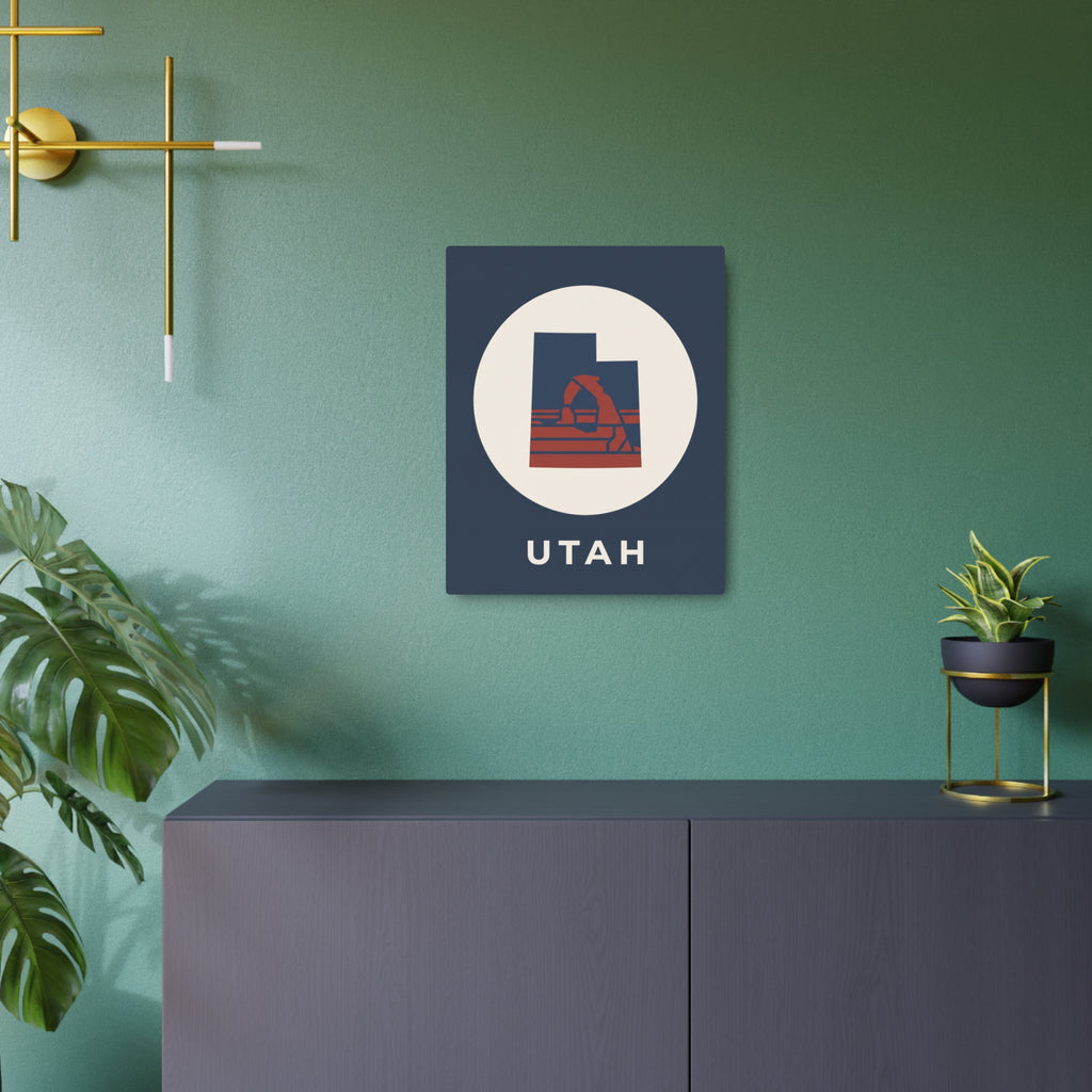 Utah metal art sign with Delicate Arch icon in circle and UTAH label