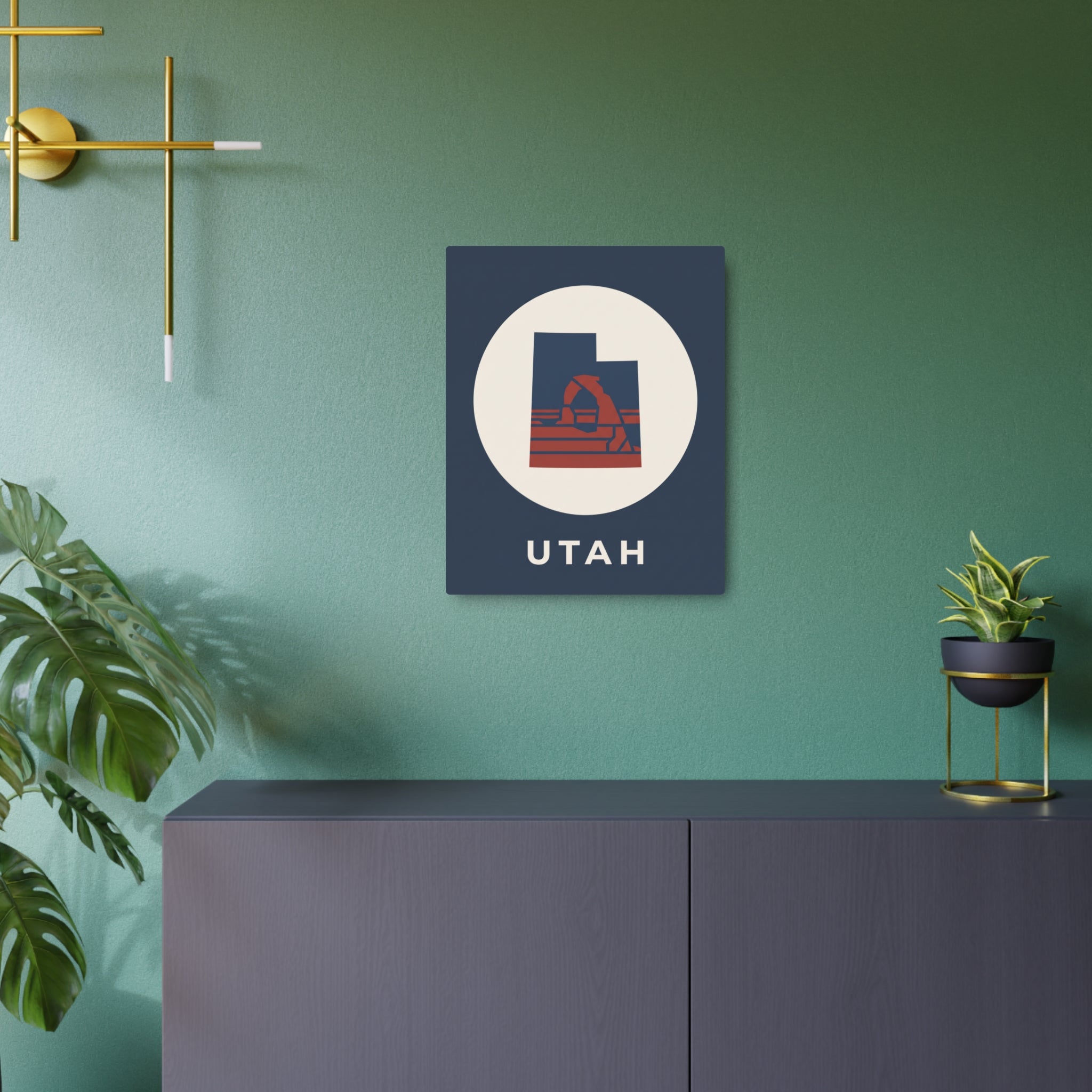 Utah metal art sign with Delicate Arch icon in circle and UTAH label