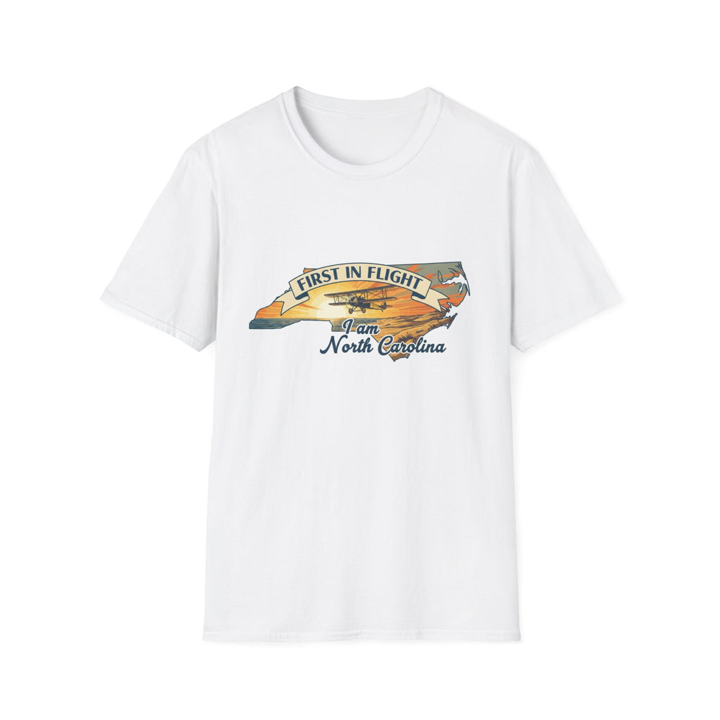 North Carolina T-shirt in white, “First in Flight” plane & state outline graphic on chest