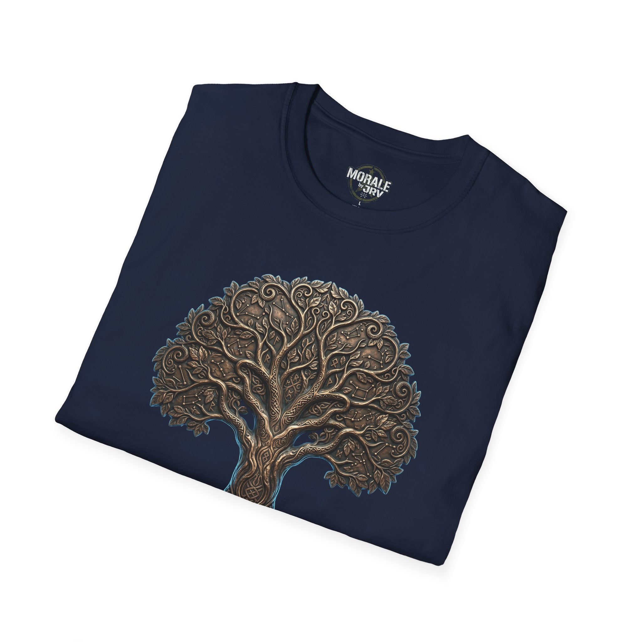 Navy Celtic tree of life graphic T-shirt, large gold tree design