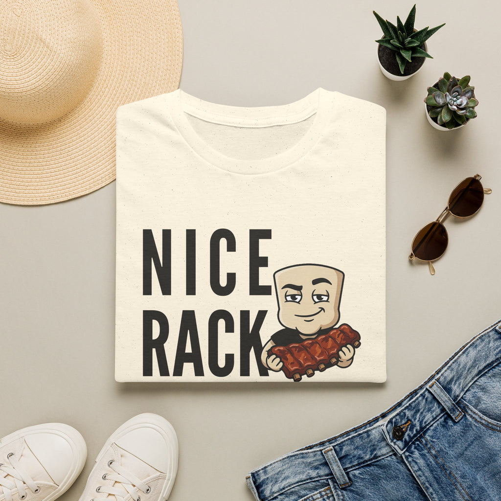 White T-shirt with bold “Nice Rack” letters and cartoon BBQ ribs graphic
