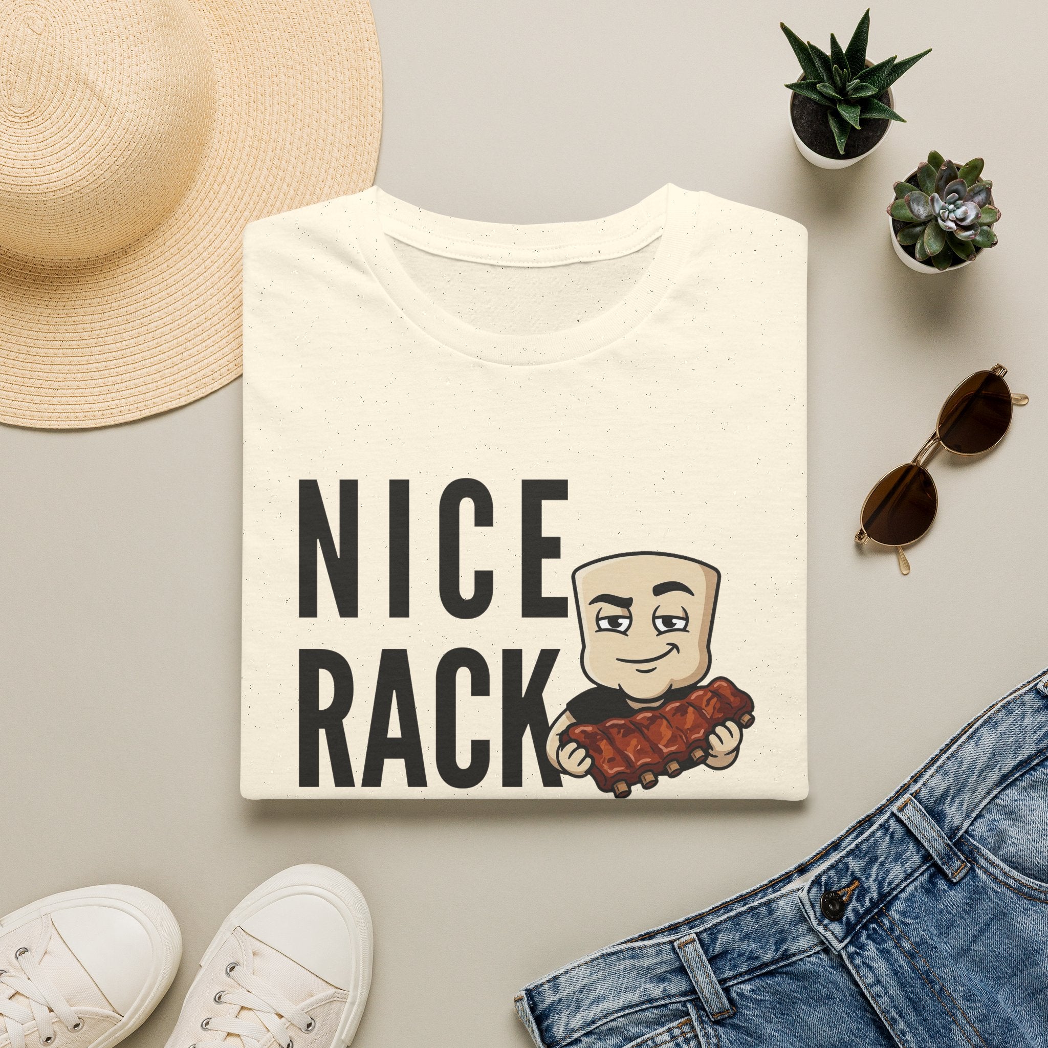 White T-shirt with bold “Nice Rack” letters and cartoon BBQ ribs graphic